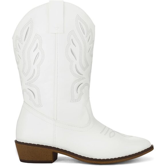 mysoft Women's White Western Cowboy Boots Mid Calf Pointed Toe Cowgirl - Picture 4 of 6